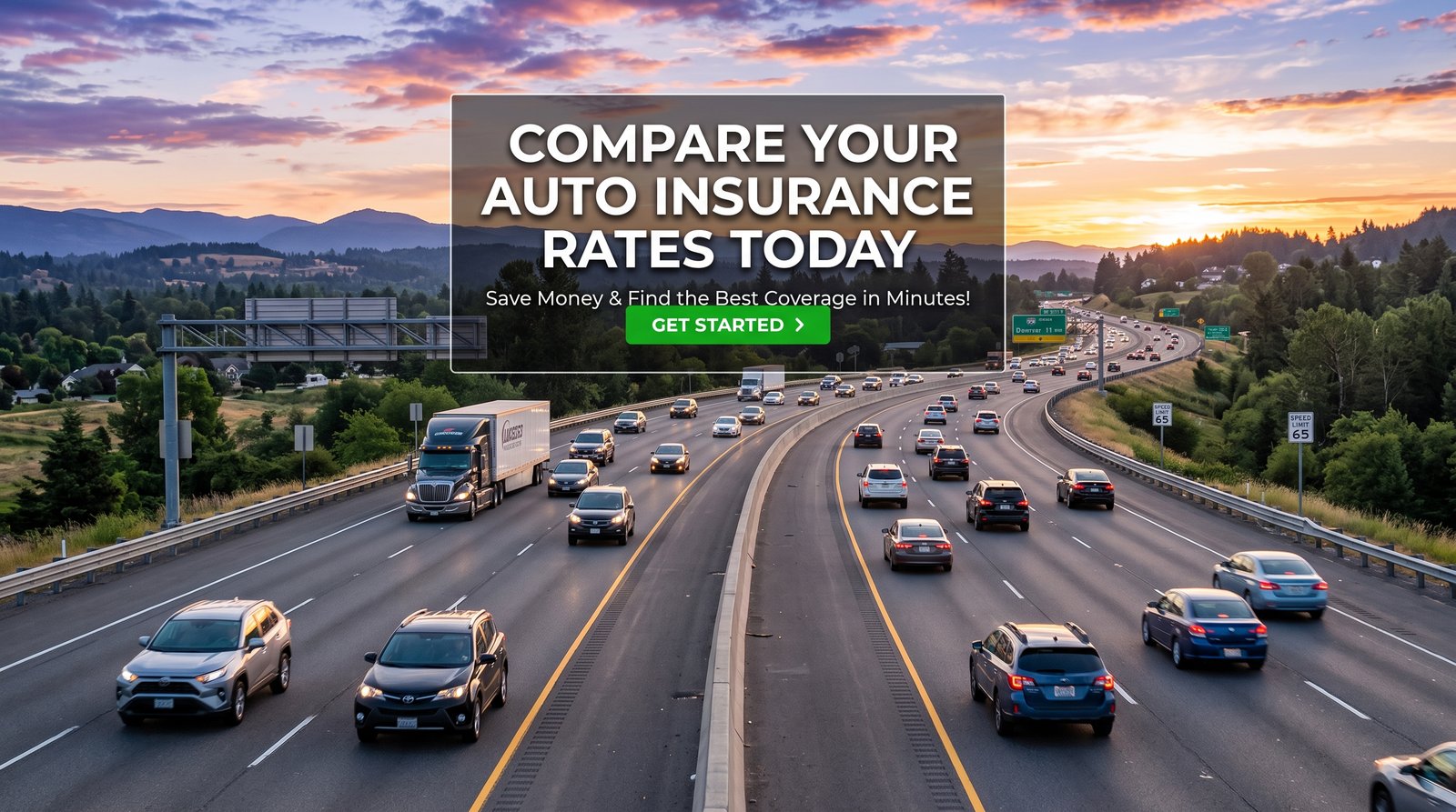 Highway at dusk with a rate-comparison invitation
