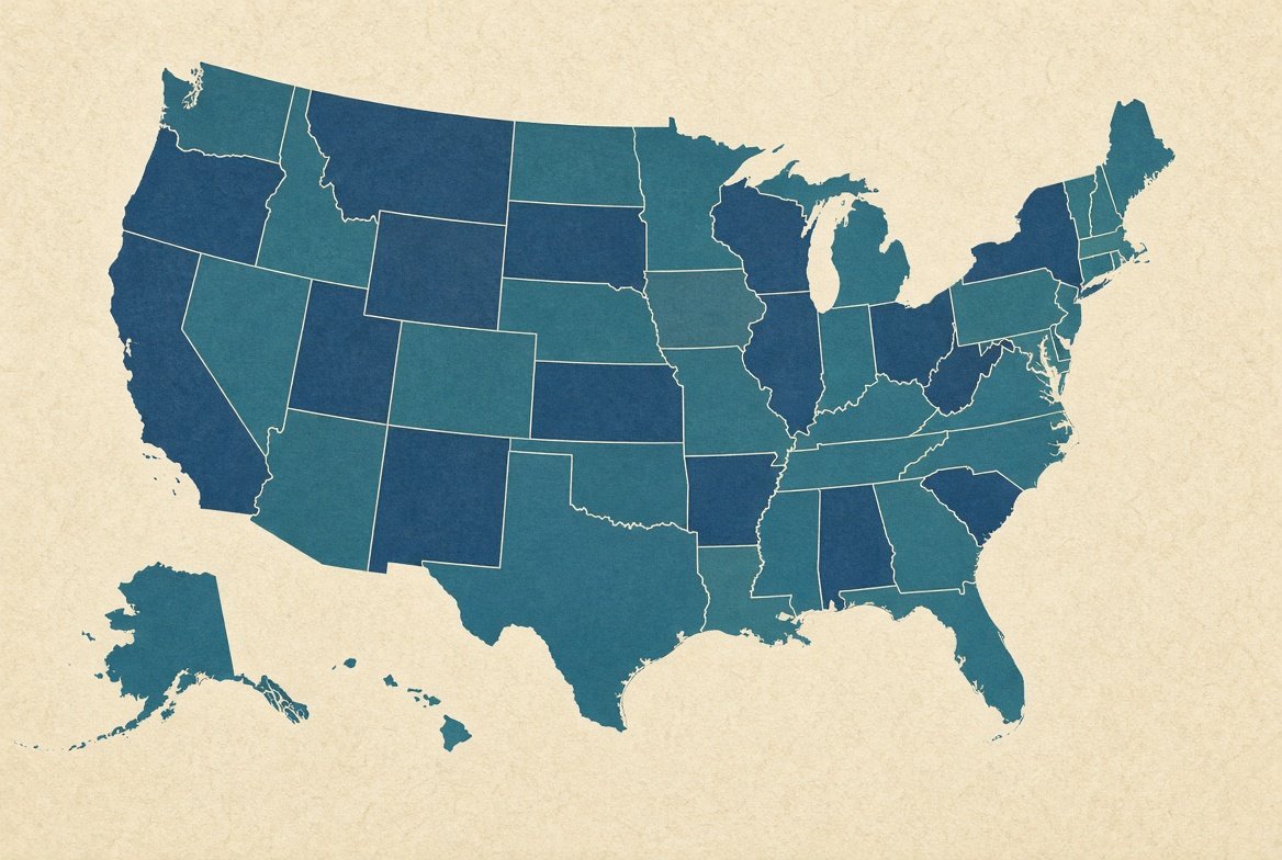 Stylized editorial map of the United States used as a visual for state-by-state rate checks